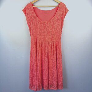 Garnet Hill Coral Lace Overlay‎ Dress Cap Sleeves Scoop Neck Size 12 Spring